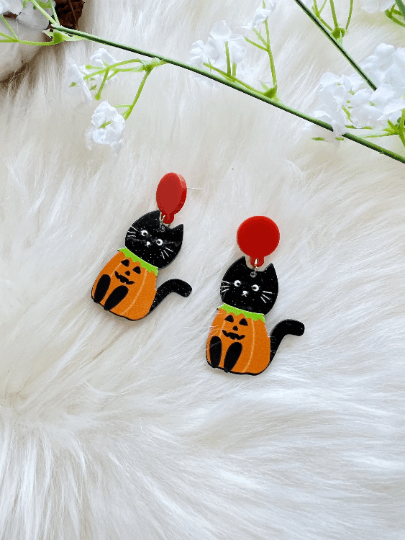 Pumpkin halloween cat earrings | tortoiseshell naughty playful kitten acetate earrings | modern retro earrings | car lover earrings - TuttyKnitty