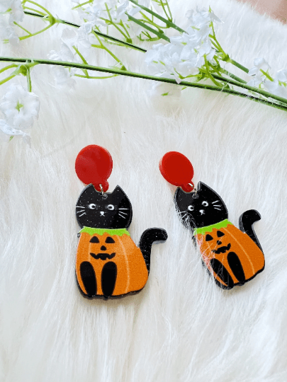 Pumpkin halloween cat earrings | tortoiseshell naughty playful kitten acetate earrings | modern retro earrings | car lover earrings - TuttyKnitty