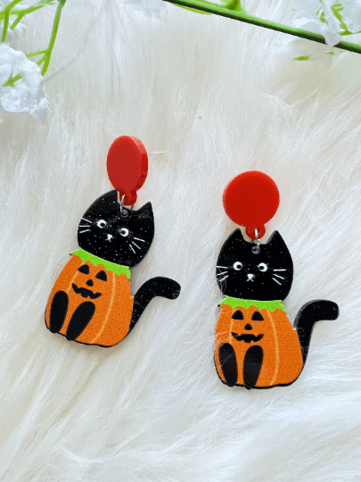 Pumpkin halloween cat earrings | tortoiseshell naughty playful kitten acetate earrings | modern retro earrings | car lover earrings - TuttyKnitty