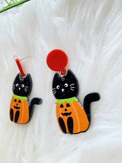 Pumpkin halloween cat earrings | tortoiseshell naughty playful kitten acetate earrings | modern retro earrings | car lover earrings - TuttyKnitty