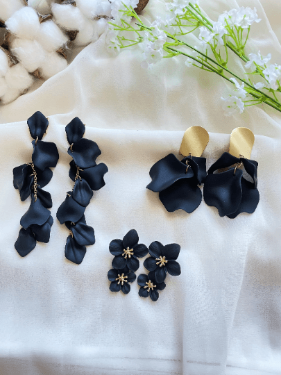 Pure black flower earrings | matte textured petals earrings | golden disc geometric floral earrings | bridal wedding party earrings - TuttyKnitty