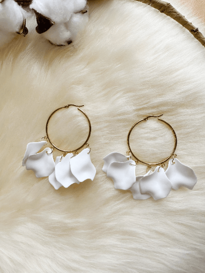 Pure white flower earrings | hoop petals earrings| iridescent statement earrings | gold floral earrings | bridal party wedding earrings - TuttyKnitty