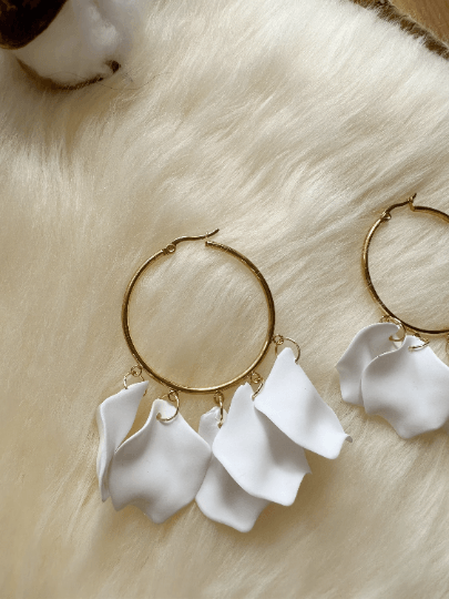 Pure white flower earrings | hoop petals earrings| iridescent statement earrings | gold floral earrings | bridal party wedding earrings - TuttyKnitty