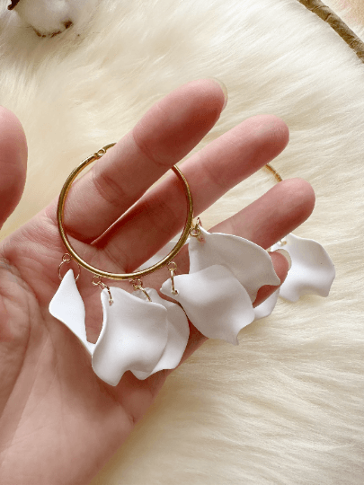 Pure white flower earrings | hoop petals earrings| iridescent statement earrings | gold floral earrings | bridal party wedding earrings - TuttyKnitty