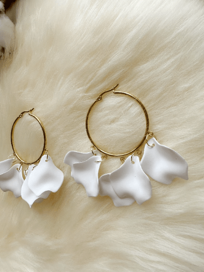 Pure white flower earrings | hoop petals earrings| iridescent statement earrings | gold floral earrings | bridal party wedding earrings - TuttyKnitty