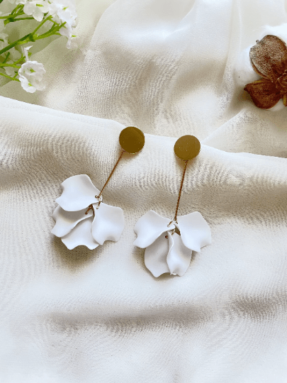 Pure white flower earrings |dangly earrings | frosted petals hoop statement earrings | golden disc geometric floral bridal earrings Inactive - TuttyKnitty