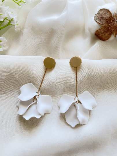 Pure white flower earrings |dangly earrings | frosted petals hoop statement earrings | golden disc geometric floral bridal earrings Inactive - TuttyKnitty