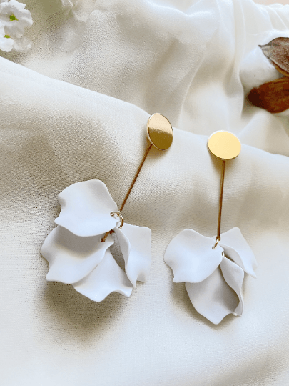 Pure white flower earrings |dangly earrings | frosted petals hoop statement earrings | golden disc geometric floral bridal earrings Inactive - TuttyKnitty