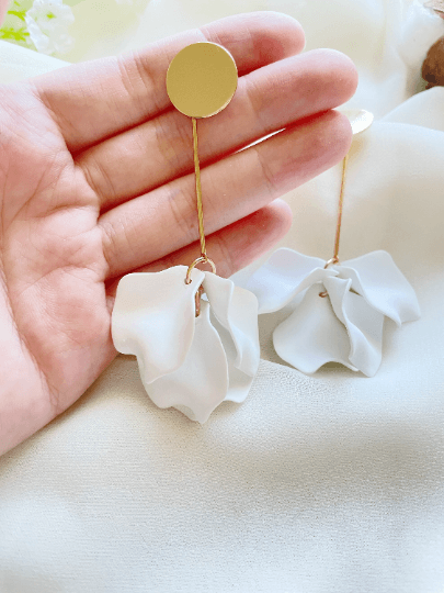 Pure white flower earrings |dangly earrings | frosted petals hoop statement earrings | golden disc geometric floral bridal earrings Inactive - TuttyKnitty