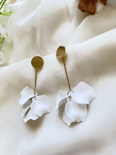 Pure white flower earrings |dangly earrings | frosted petals hoop statement earrings | golden disc geometric floral bridal earrings Inactive - TuttyKnitty