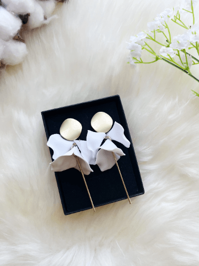 Pure white flower earrings |dangly earrings | frosted petals hoop statement earrings | golden disc geometric floral earrings | bridal - TuttyKnitty