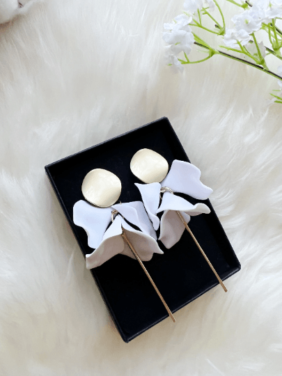 Pure white flower earrings |dangly earrings | frosted petals hoop statement earrings | golden disc geometric floral earrings | bridal - TuttyKnitty