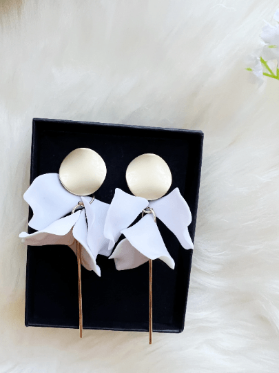 Pure white flower earrings |dangly earrings | frosted petals hoop statement earrings | golden disc geometric floral earrings | bridal - TuttyKnitty