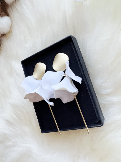 Pure white flower earrings |dangly earrings | frosted petals hoop statement earrings | golden disc geometric floral earrings | bridal - TuttyKnitty