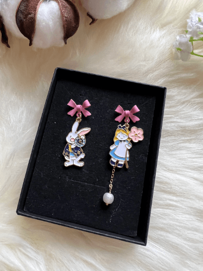 Rabbit and girl earrings | Alice wonderland earrings | Pearl dangle earrings | Mismatched earrings | Kawaii earrings - TuttyKnitty