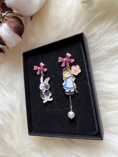 Rabbit and girl earrings | Alice wonderland earrings | Pearl dangle earrings | Mismatched earrings | Kawaii earrings - TuttyKnitty