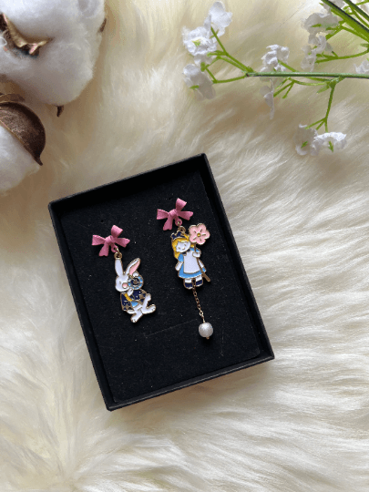 Rabbit and girl earrings | Alice wonderland earrings | Pearl dangle earrings | Mismatched earrings | Kawaii earrings - TuttyKnitty