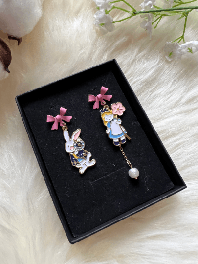 Rabbit and girl earrings | Alice wonderland earrings | Pearl dangle earrings | Mismatched earrings | Kawaii earrings - TuttyKnitty