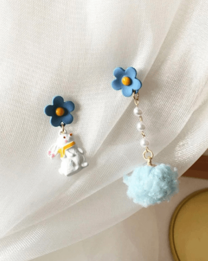 Rabbit and ribbon earrings | fluffy cloud earrings | Pearl dangle earrings | Mismatched earrings | Kawaii easter bunny earrings - TuttyKnitty