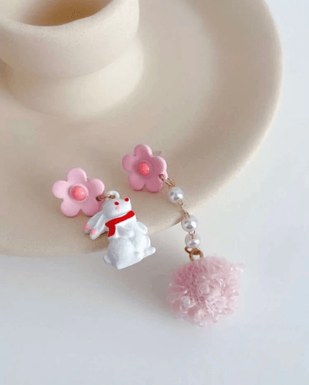 Rabbit and ribbon earrings | fluffy cloud earrings | Pearl dangle earrings | Mismatched earrings | Kawaii easter bunny earrings - TuttyKnitty