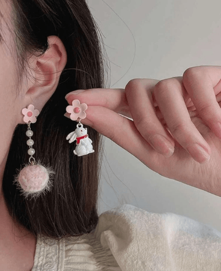 Rabbit and ribbon earrings | fluffy cloud earrings | Pearl dangle earrings | Mismatched earrings | Kawaii easter bunny earrings - TuttyKnitty