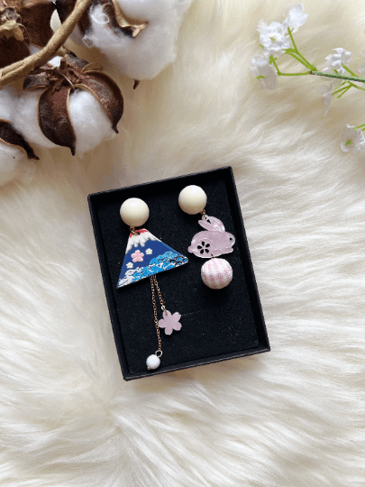 Rabbit mount fuji earrings |Kawaii cute earrings | korean art colourful dangle earrings | mismatch bunny japanese style earrings - TuttyKnitty