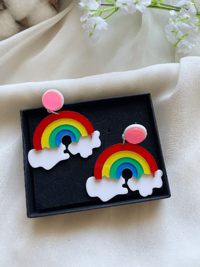 Rainbow cloud earrings | boho style earrings | funky pop art earrings | acrylic art earrings | gift for her - TuttyKnitty