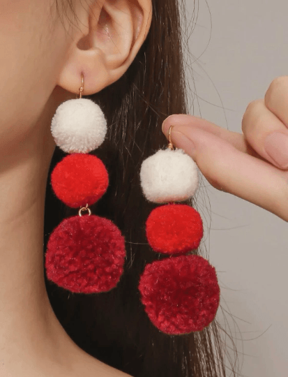 Red christmas pom earrings | light acetate laser cut | fur pompom earrings | christmas bauble poms - TuttyKnitty