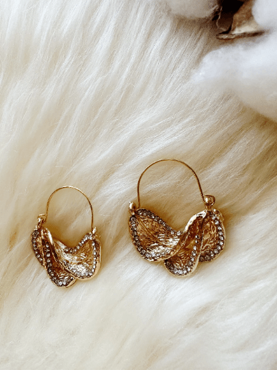 Rhinestone irregular shaped earrings| metal geometric earrings | gold art abstract statement stud earrings | open hoop O twisted earrings - TuttyKnitty