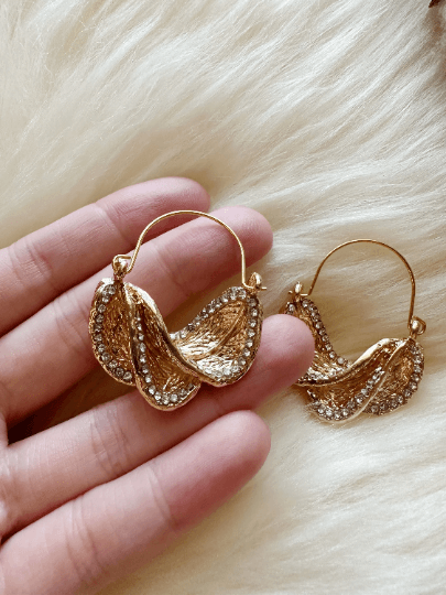 Rhinestone irregular shaped earrings| metal geometric earrings | gold art abstract statement stud earrings | open hoop O twisted earrings - TuttyKnitty