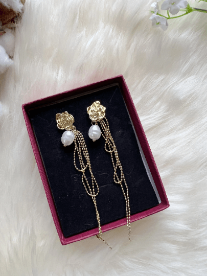 Roses Flower Gold statement earrings with pearl| dangle pearl drop earrings | multiple pearl chain earrings | Korean earrings - TuttyKnitty