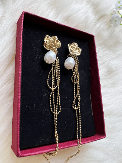 Roses Flower Gold statement earrings with pearl| dangle pearl drop earrings | multiple pearl chain earrings | Korean earrings - TuttyKnitty