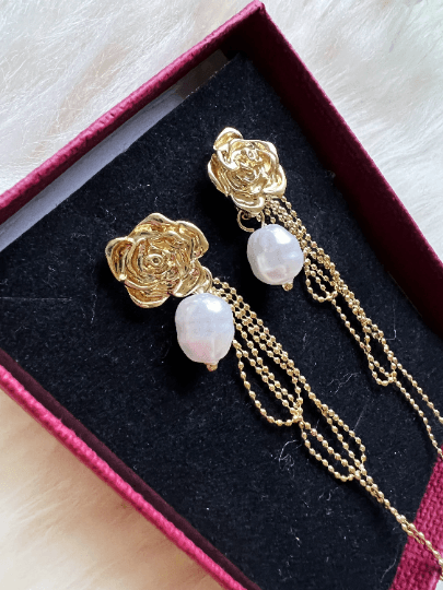 Roses Flower Gold statement earrings with pearl| dangle pearl drop earrings | multiple pearl chain earrings | Korean earrings - TuttyKnitty