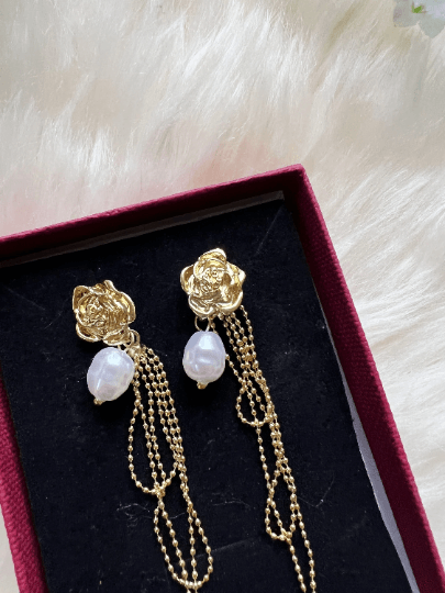 Roses Flower Gold statement earrings with pearl| dangle pearl drop earrings | multiple pearl chain earrings | Korean earrings - TuttyKnitty