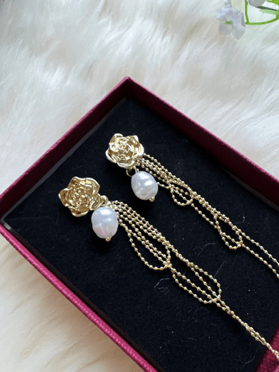 Roses Flower Gold statement earrings with pearl| dangle pearl drop earrings | multiple pearl chain earrings | Korean earrings - TuttyKnitty