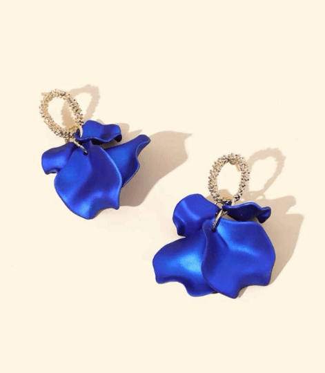 Royal blue iridescent flower earrings | roses petals baroque earrings | unique golden bar floral earrings | bridal party wedding earrings - TuttyKnitty