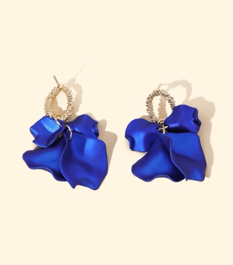 Royal blue iridescent flower earrings | roses petals baroque earrings | unique golden bar floral earrings | bridal party wedding earrings - TuttyKnitty