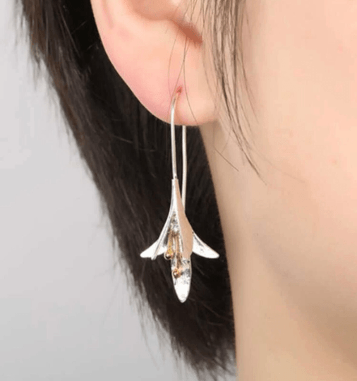 Silver lily leaf Flower Gold statement earrings | dangly drop earrings | floral geometric earrings | Korean earrings - TuttyKnitty