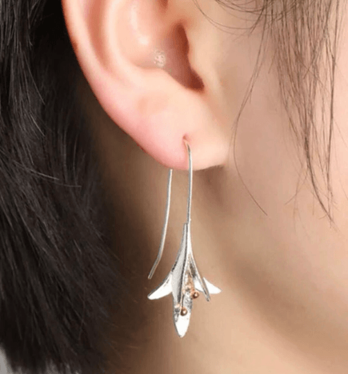 Silver lily leaf Flower Gold statement earrings | dangly drop earrings | floral geometric earrings | Korean earrings - TuttyKnitty