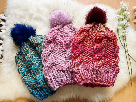 Super chunky faux fur pompom slouchy hat | knit cable winter beanie | cozy warm knit hat | blue red pink colour hat - TuttyKnitty