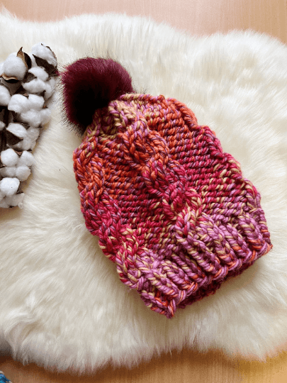 Super chunky faux fur pompom slouchy hat | knit cable winter beanie | cozy warm knit hat | blue red pink colour hat - TuttyKnitty