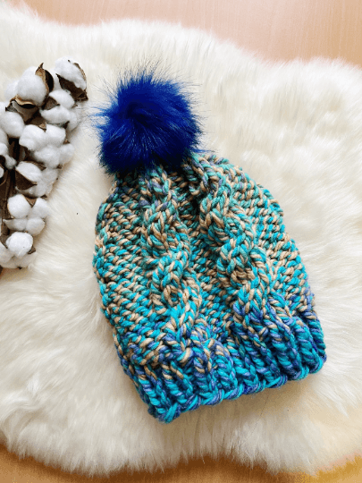 Super chunky faux fur pompom slouchy hat | knit cable winter beanie | cozy warm knit hat | blue red pink colour hat - TuttyKnitty