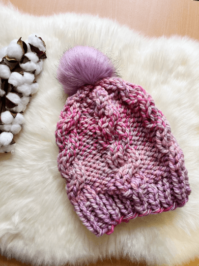 Super chunky faux fur pompom slouchy hat | knit cable winter beanie | cozy warm knit hat | blue red pink colour hat - TuttyKnitty