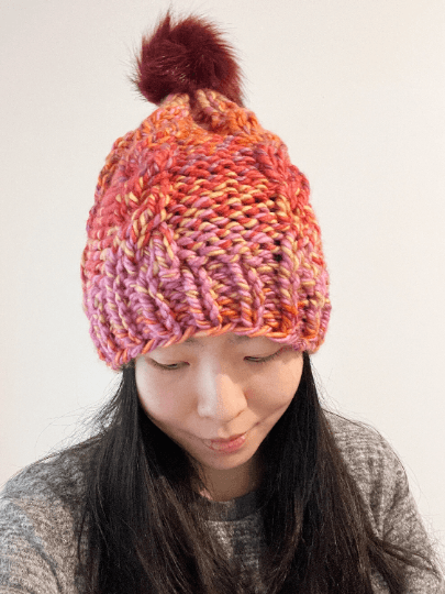 Super chunky faux fur pompom slouchy hat | knit cable winter beanie | cozy warm knit hat | blue red pink colour hat - TuttyKnitty