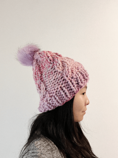 Super chunky faux fur pompom slouchy hat | knit cable winter beanie | cozy warm knit hat | blue red pink colour hat - TuttyKnitty