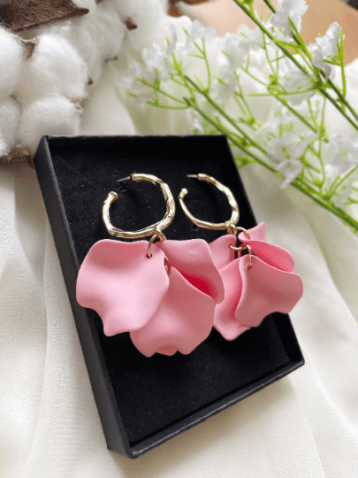 Sweet Pink flower earrings | dangle petals baroque earrings | unique gold geometric floral earrings | bridal party wedding earrings - TuttyKnitty