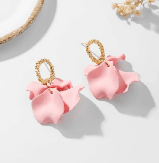 Sweet Pink hanging dangly bridal earrings frosted petals crumpled textured statement | golden geometric floral earrings | christmas - TuttyKnitty