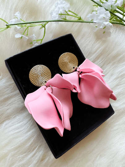 Sweet Pink hanging dangly bridal earrings frosted petals crumpled textured statement | golden geometric floral earrings | christmas - TuttyKnitty