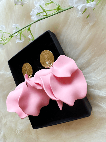 Sweet Pink hanging dangly bridal earrings frosted petals crumpled textured statement | golden geometric floral earrings | christmas - TuttyKnitty