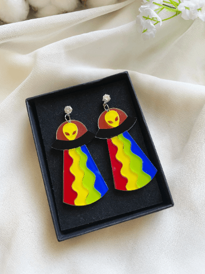 UFO alien earrings | hologram neon rainbow | quirky fun cute kawaii earrings | acrylic art earrings | scientific research mystery news - TuttyKnitty